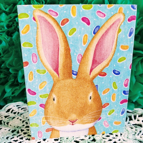 HAND CRAFTED EASTER MINI WOOD SIGN/TIERED TRAY DECOR/BUNNY RABBIT & JELLY BEANS - Picture 1 of 3